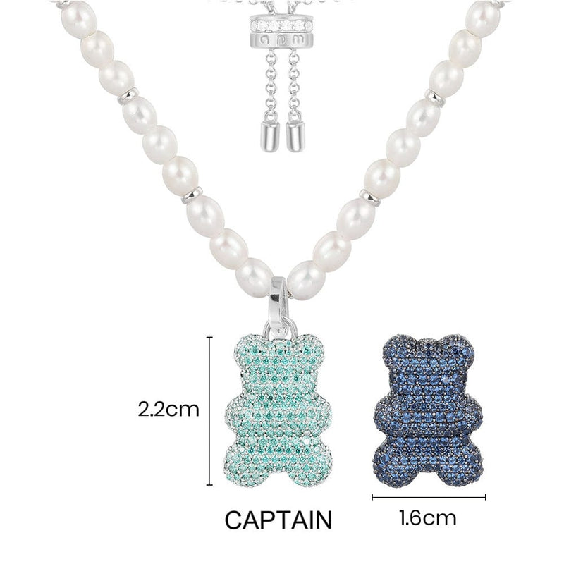 Verstellbare Captain Yummy Bear (Clip) Halskette mit Perlen – Silber