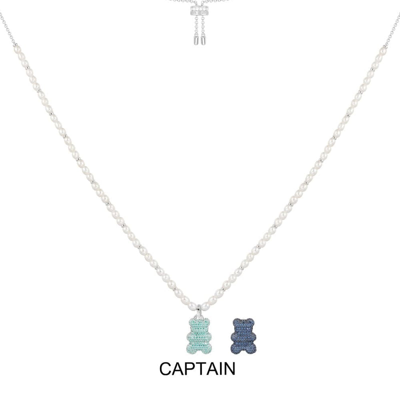 Verstellbare Captain Yummy Bear (Clip) Halskette mit Perlen – Silber