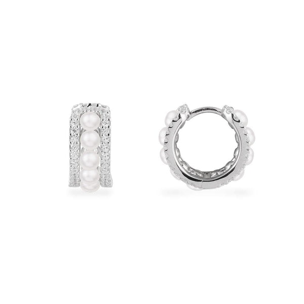 Kleine Kreolen mit Doppel-Pavé und Perlen in Weiß – Silber