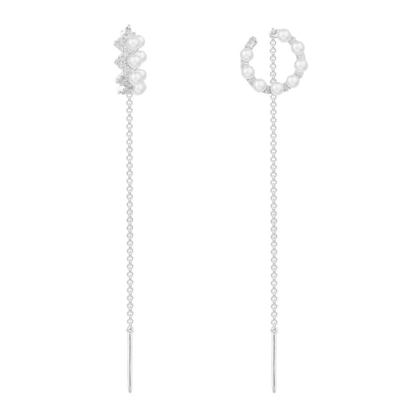 起伏線條耳環飾珍珠和墜鏈 - 銀白色