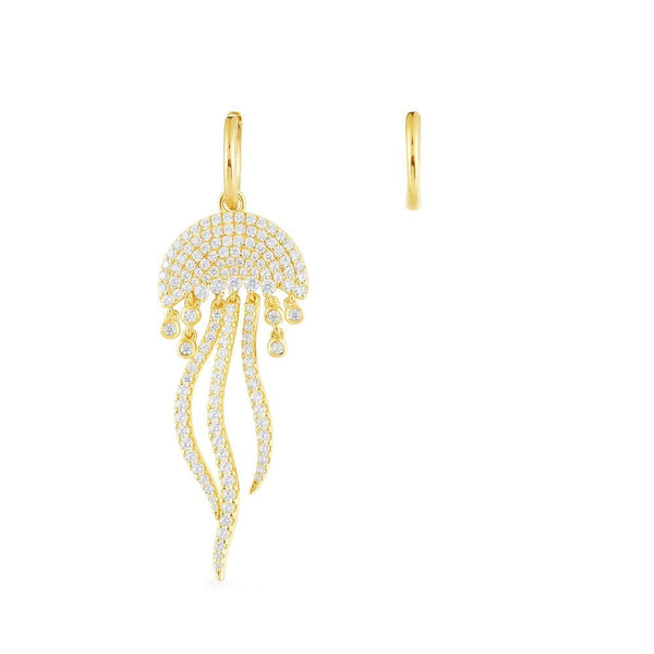 Asymmetrisches Paar Ohrringe aus Ohrring mit Quallenmotiv und passender Kreole – Silber gelbvergoldet
