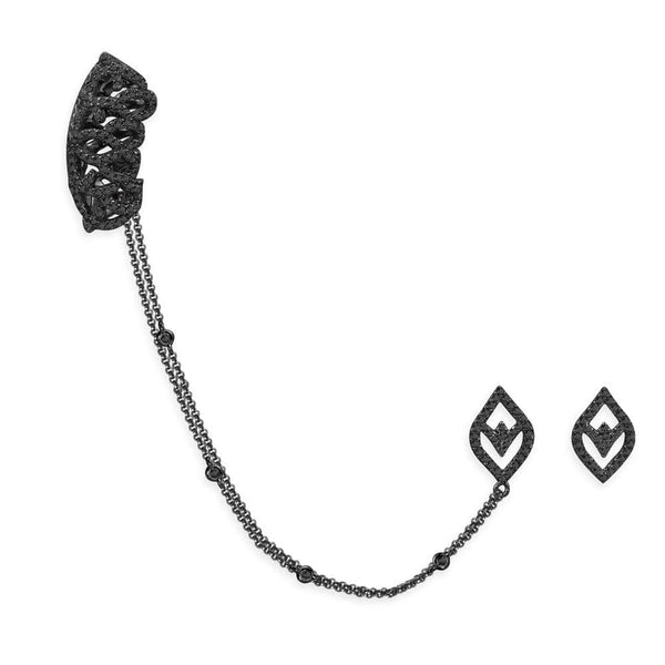 Ear cuff a catena con orecchini a perno Arabesque - Argento nero