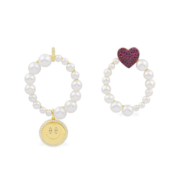 Aretes asimétricos de corazón y Happy Face con perlas - plata dorada