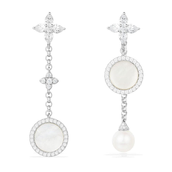 Orecchini asimmetrici pendenti con madreperla bianca e una perla - Argento